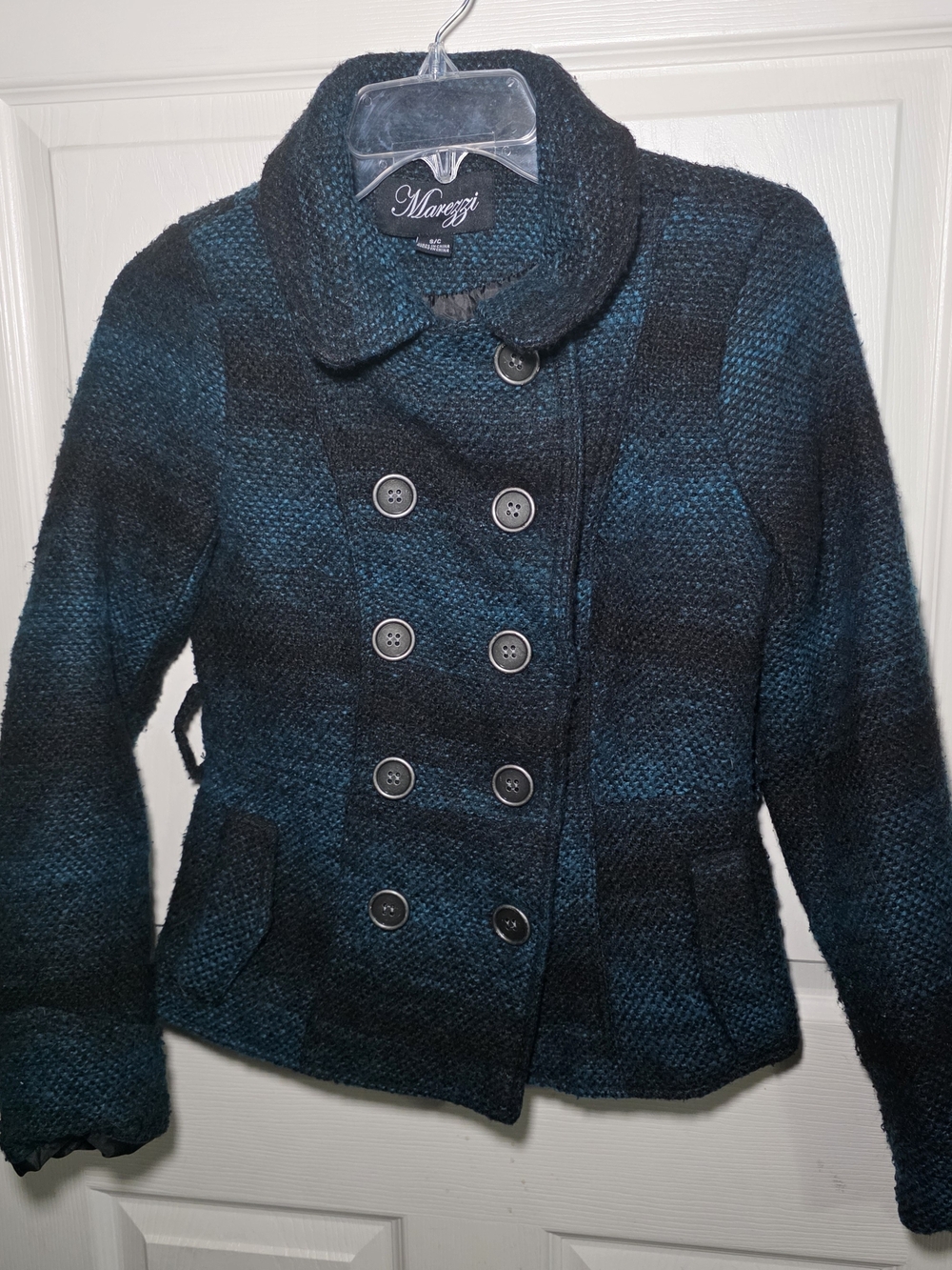 Marezzi Teal & Black Plaid Double-Breasted Peacoat, Size Small